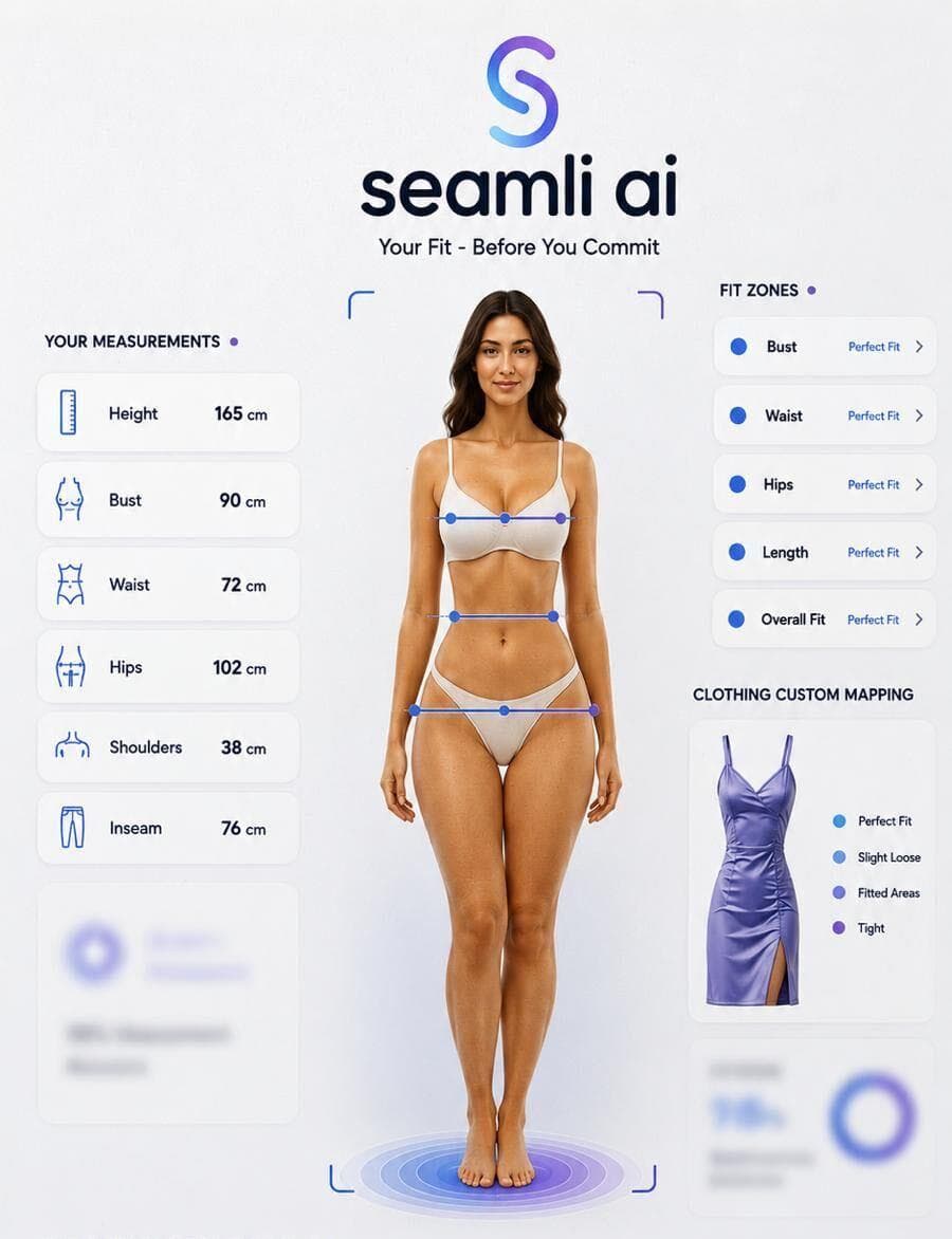 Seamli AI fit engine: body scan, measurements, fit zones, and clothing mapping